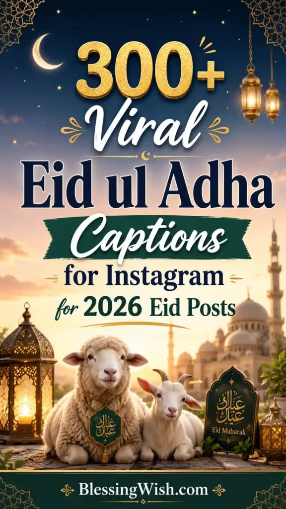 Eid ul Adha poster with mosque, lanterns, sheep, and title “300+ Viral Eid ul Adha Captions for Instagram for 2026 Eid Posts.”
