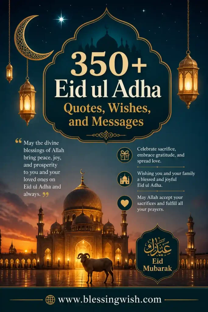 350+ Eid ul Adha Quotes, Wishes, and Messages with mosque, crescent moon, lanterns, and golden Islamic design at sunset with www.blessingwish.com footer