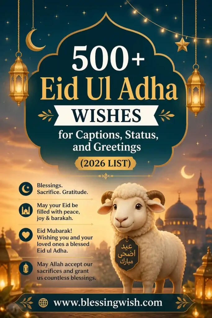 A vibrant Eid ul Adha poster featuring golden lanterns, crescent moon, and mosque silhouettes at sunset, with a cute sheep in the foreground. The text reads “500+ Eid Ul Adha Wishes for Captions, Status, and Greetings (2026 List)” and the footer shows “www.blessingwish.com.”