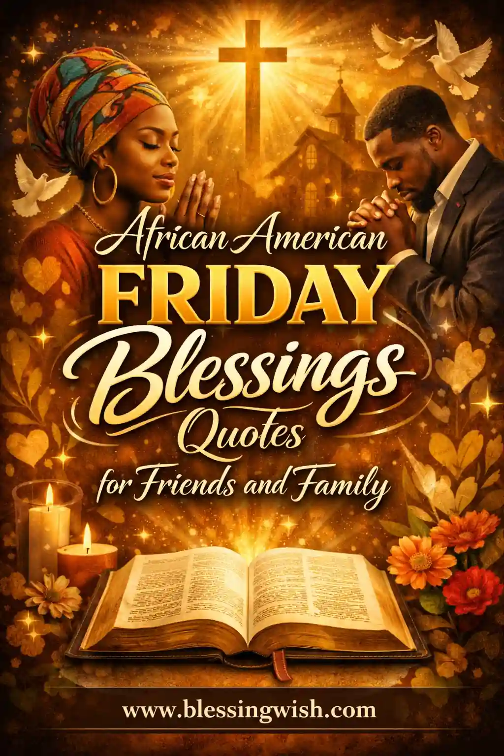 African American Friday blessings quotes image with praying family, Bible, candles, floral background, and BlessingWish.com footer.
