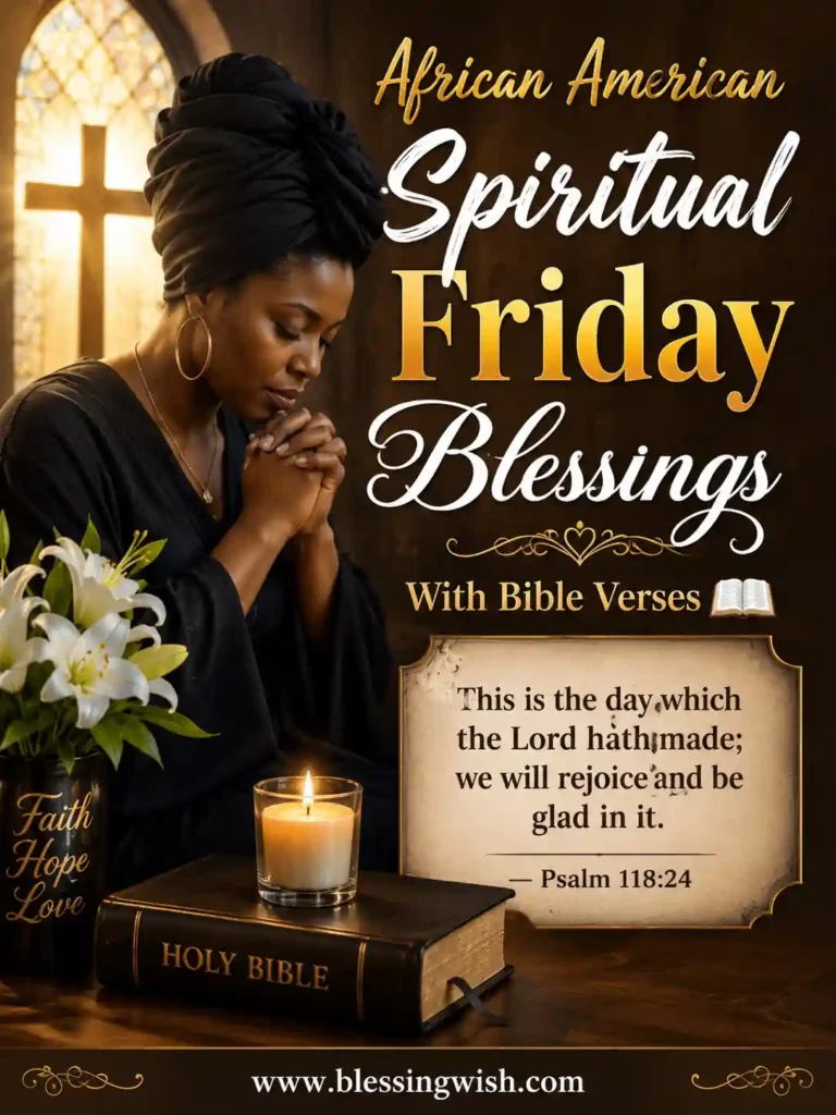 African American woman praying beside a Bible and candle with inspirational Friday blessings and Bible verse in elegant typography.