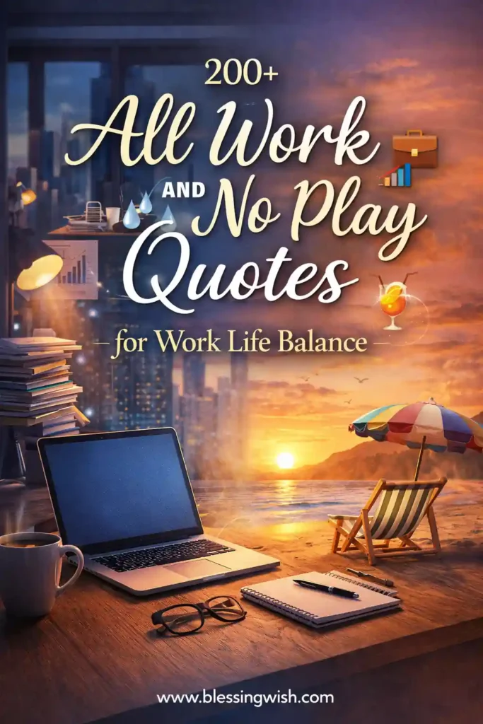 Laptop workspace beside a relaxing beach sunset with work-life balance quotes text, coffee mug, books, and vacation-themed graphics.