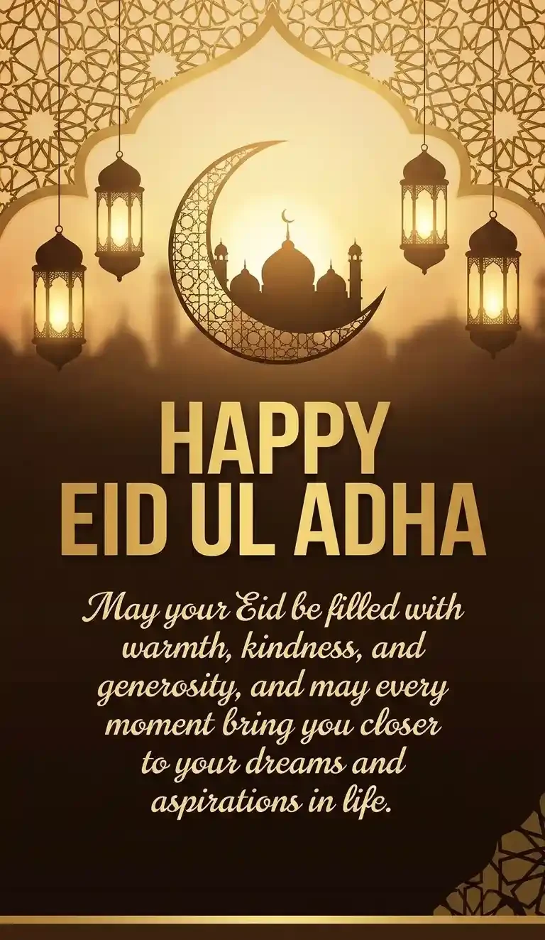 Golden Eid greeting card with lanterns, a crescent moon, and mosque silhouette. Text reads Happy Eid Ul Adha with a warm wish about kindness, generosity, and fulfilling dreams, set on a dark elegant background.