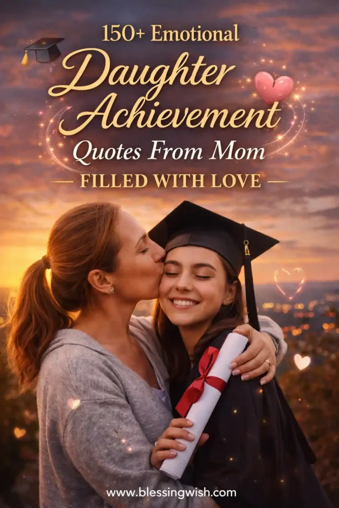 Mother kissing her graduate daughter at sunset, holding a diploma, with loving achievement quotes text and heartfelt celebration graphics.