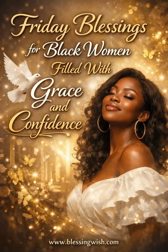 Elegant Friday blessings image featuring a confident Black woman in golden light, with graceful typography and www.blessingwish.com
 footer.