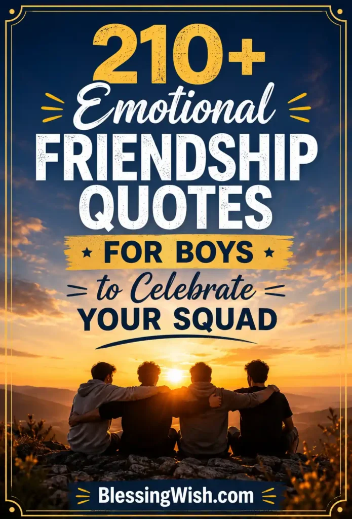 210+ Emotional Friendship Quotes for Boys to Celebrate Your Squad poster with four friends sitting together at sunset and BlessingWish.com branding.