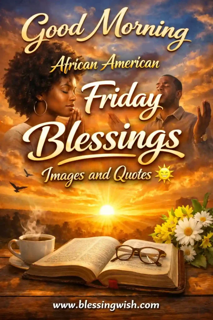 Good morning Friday blessings image featuring African American couple praying at sunrise, Bible, coffee, flowers, and inspirational quote text.