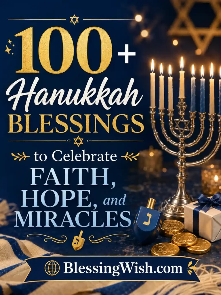 Hanukkah blessings design with menorah candles, dreidel, and festive blue gold theme celebrating faith, hope, and miracles.