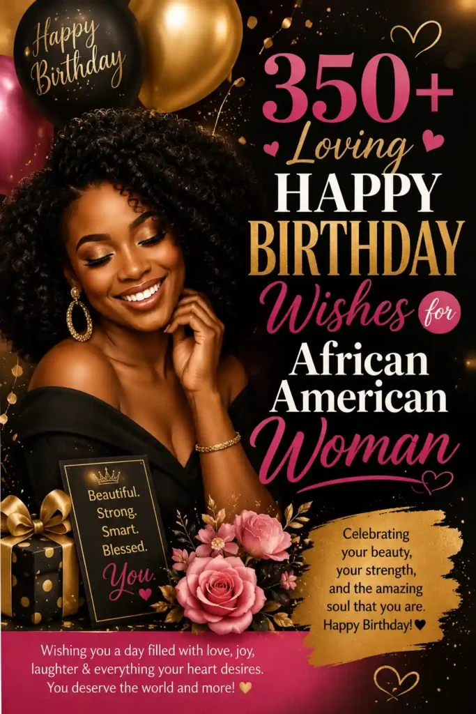 Stylish birthday poster for African American woman with black and gold theme, balloons, roses, gifts, and heartfelt wishes. Happy Birthday Wishes for African American Woman