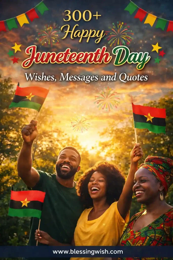 Joyful Juneteenth celebration with smiling people holding flags, colorful fireworks, festive banners, and sunset background.