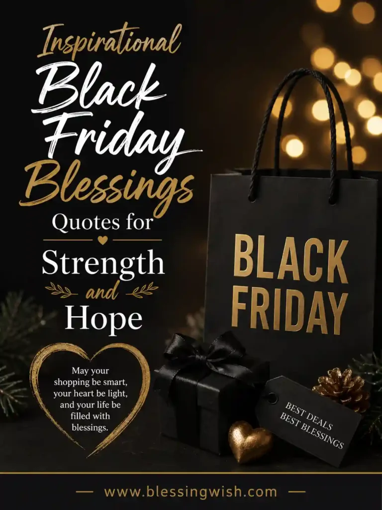 Elegant Black Friday blessings poster with gold lights, gift box, shopping bag, and inspiring quotes for strength and hope.