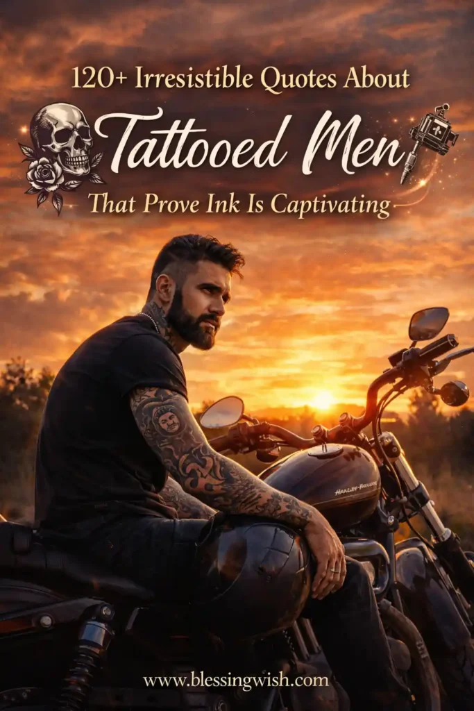 Tattooed man sitting on a motorcycle at sunset with stylish quote text, tattoo graphics, and website footer.
