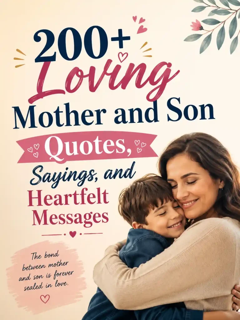 Mother and son hugging lovingly with heartfelt quotes and warm pastel design celebrating love, family bond, and caring moments.