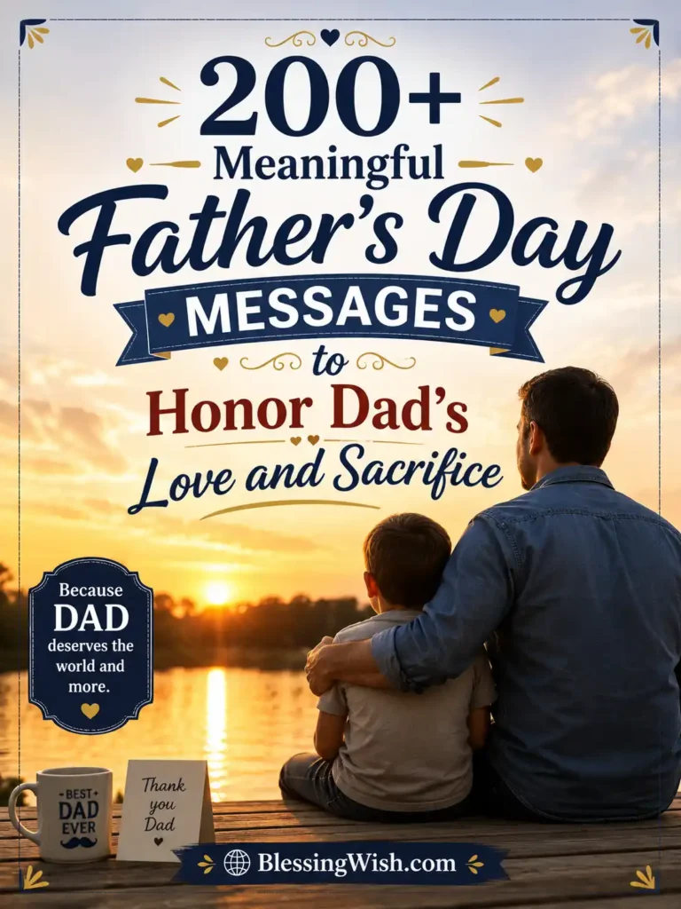Father and son watching sunset with heartfelt Father’s Day message about dad’s love and sacrifice on warm golden background.