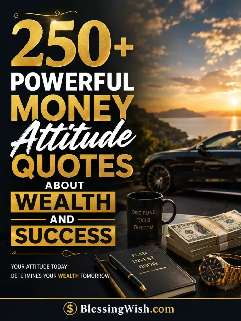 250+ powerful money attitude quotes about wealth and success with luxury car, cash stacks, gold watch, and sunset background.