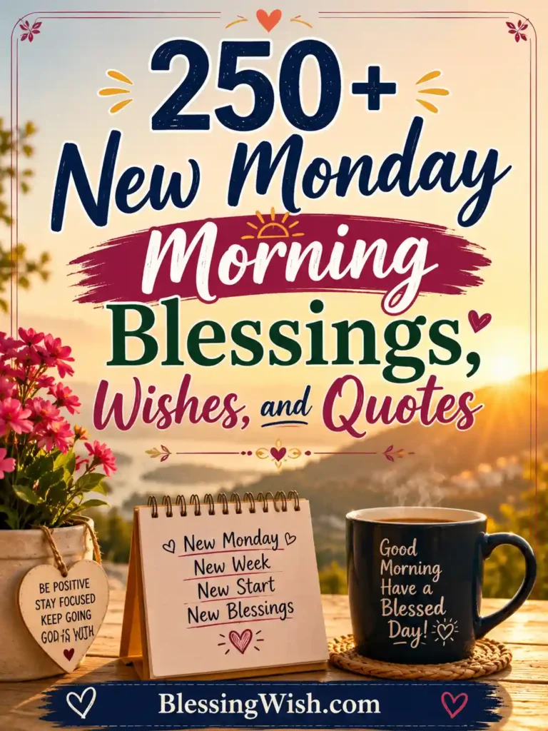 250+ new Monday morning blessings, wishes, and quotes with sunrise background, flowers, coffee mug, and cozy morning setup.