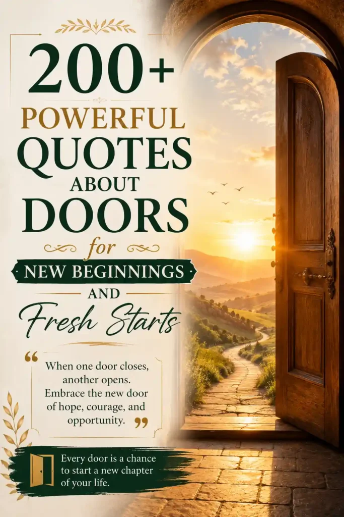Inspirational quotes poster with open wooden door, sunrise path, golden tones, and message about new beginnings and fresh starts.