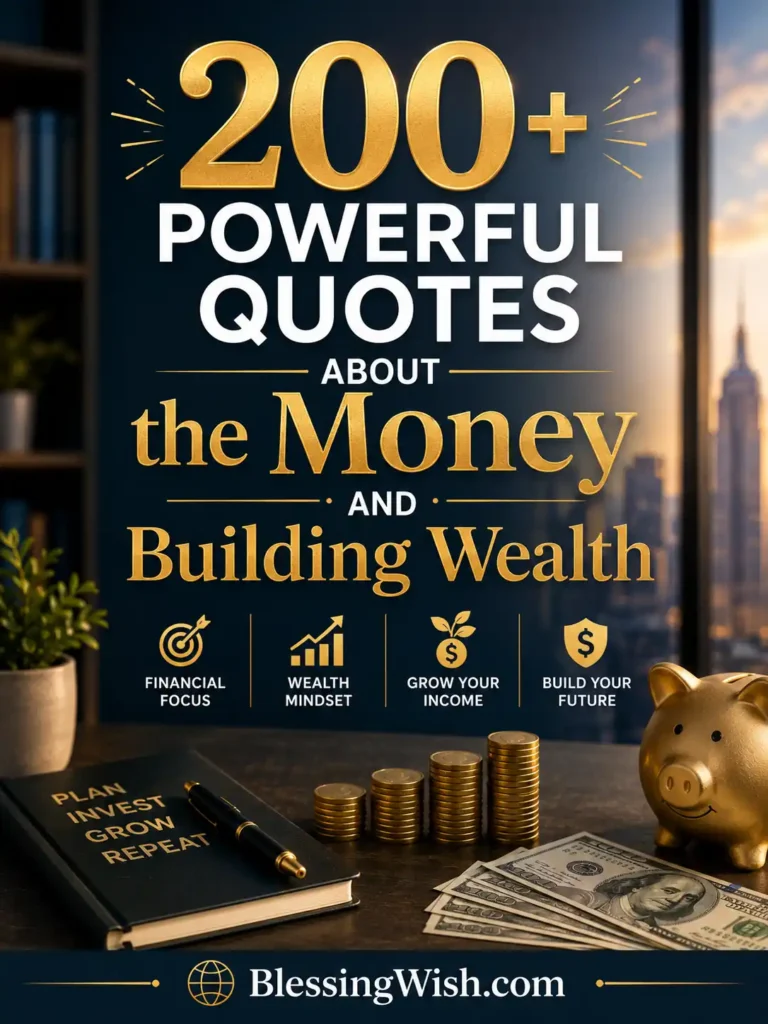 200+ powerful quotes about money and building wealth with gold coins, piggy bank, cash, and luxury financial background.