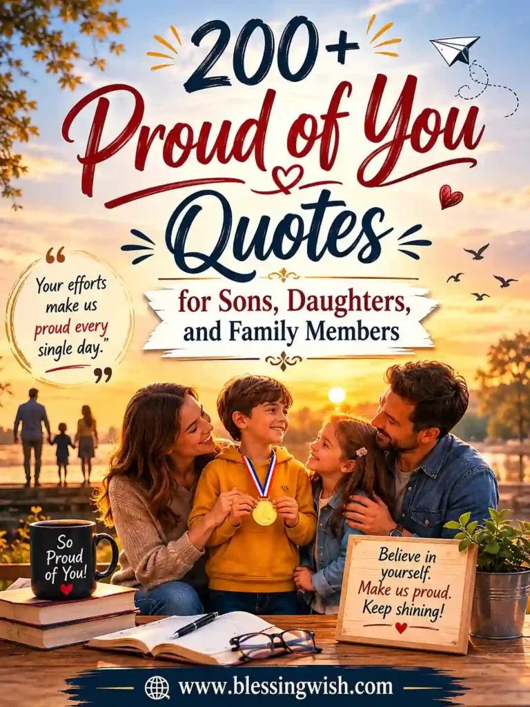 Happy family watching sunset with inspiring proud quotes text, loving parents and kids, warm golden background, and website footer.