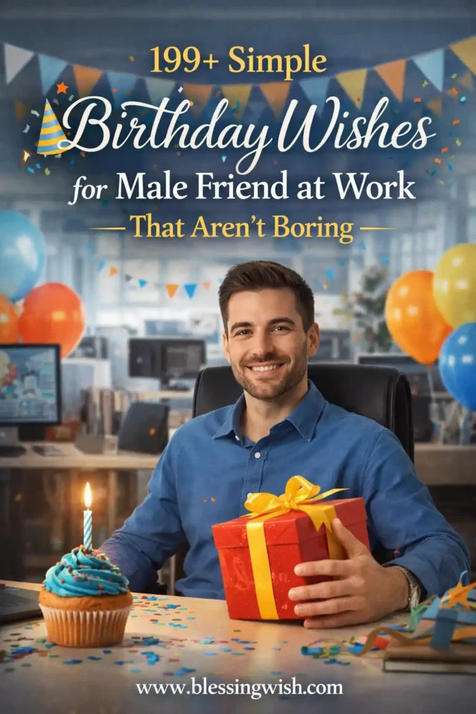 Smiling office worker holding a gift with birthday decorations, balloons, cupcake, and stylish birthday wishes text for a male coworker.