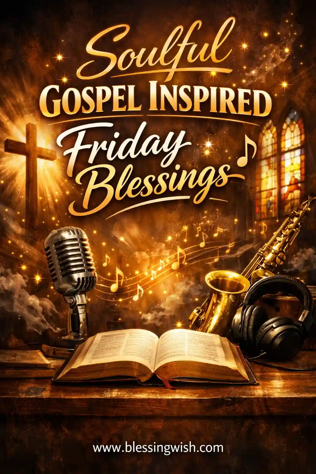 Soulful gospel-inspired Friday blessings image with cross, Bible, music notes, microphone, and glowing church background.