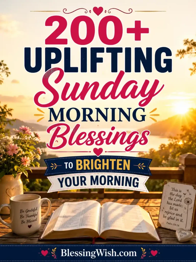 200+ uplifting Sunday morning blessings with sunrise, Bible, coffee mug, flowers, and peaceful inspirational background.