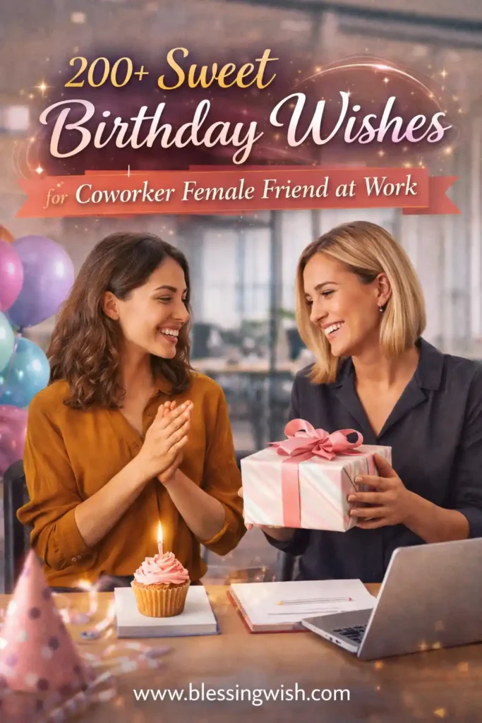 Female coworkers celebrating a birthday at work with gift box, cupcake, balloons, and stylish birthday wishes text in an office setting.