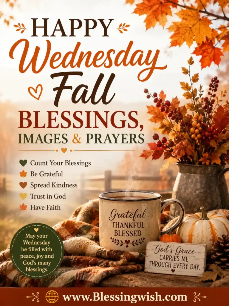 Happy Wednesday Fall Blessings image with autumn leaves, pumpkins, cozy coffee mug, prayers, and warm seasonal decor.