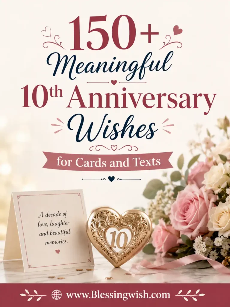 10th anniversary wishes graphic with roses, heart ornament, greeting card, and elegant text for cards and texts from BlessingWish.com.