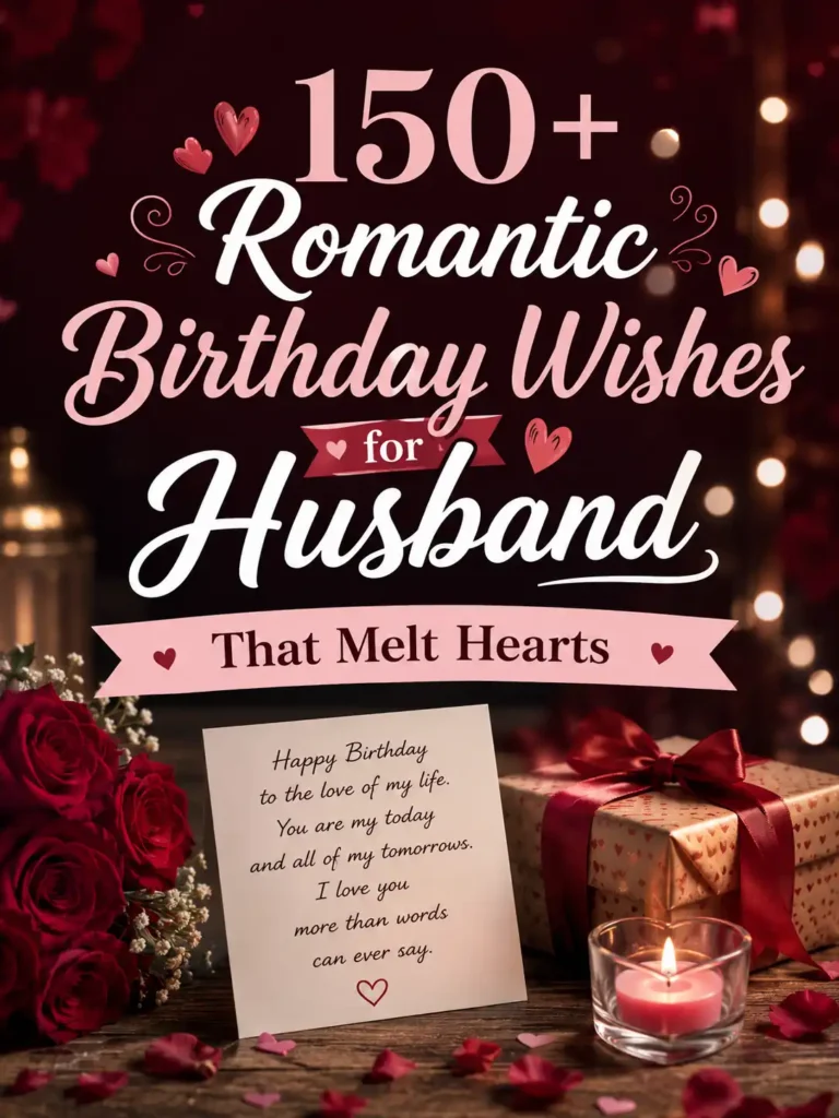Romantic birthday wishes for husband with roses, gift box, candlelight, hearts, and elegant love-themed background.