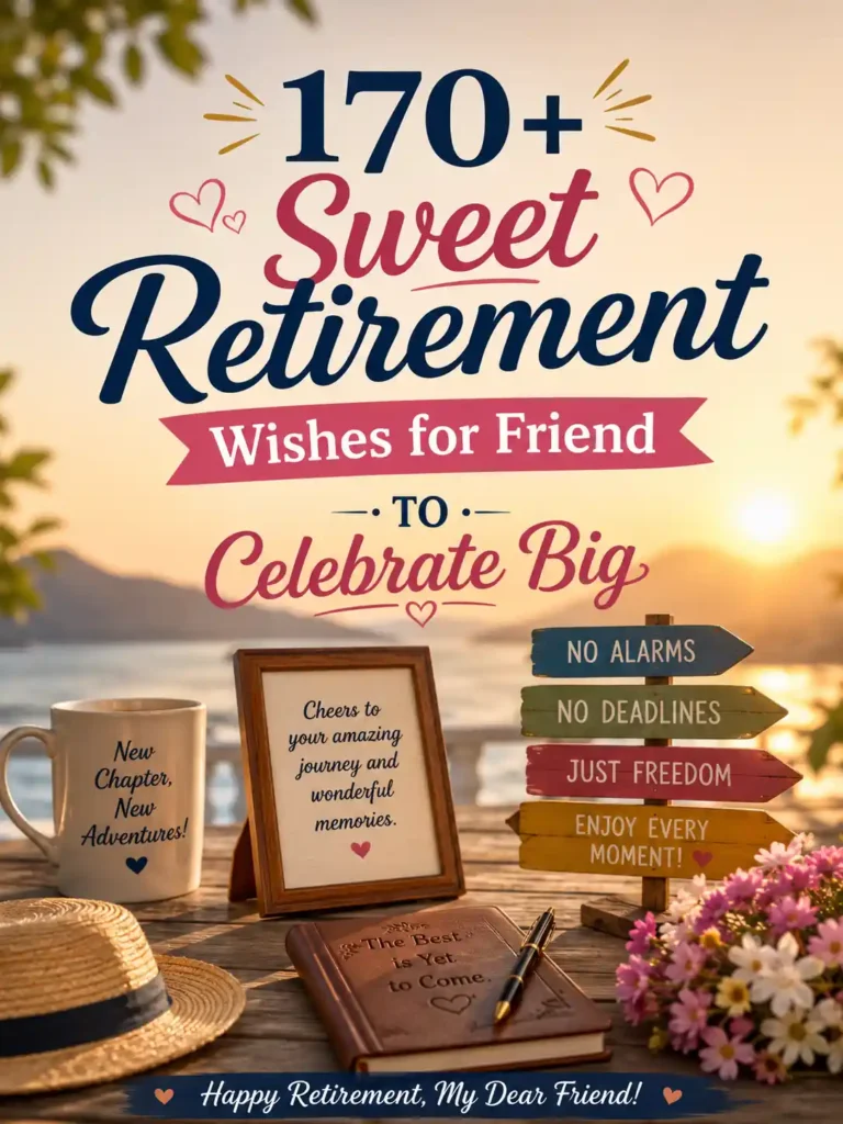 Sweet Retirement Wishes for Friend with lakeside sunset, flowers, keepsakes, and cheerful celebration of a new life chapter.