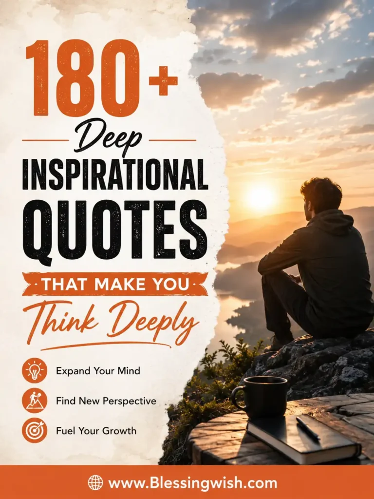 Reflective person on a mountain at sunrise with bold text, “180+ Deep Inspirational Quotes That Make You Think Deeply.”