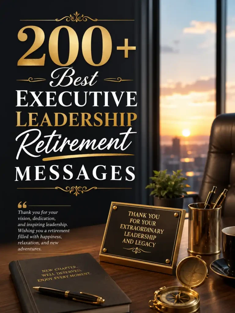 Executive Leadership Retirement Messages poster with elegant office desk, sunset city view, gold accents, and professional retirement tribute theme.