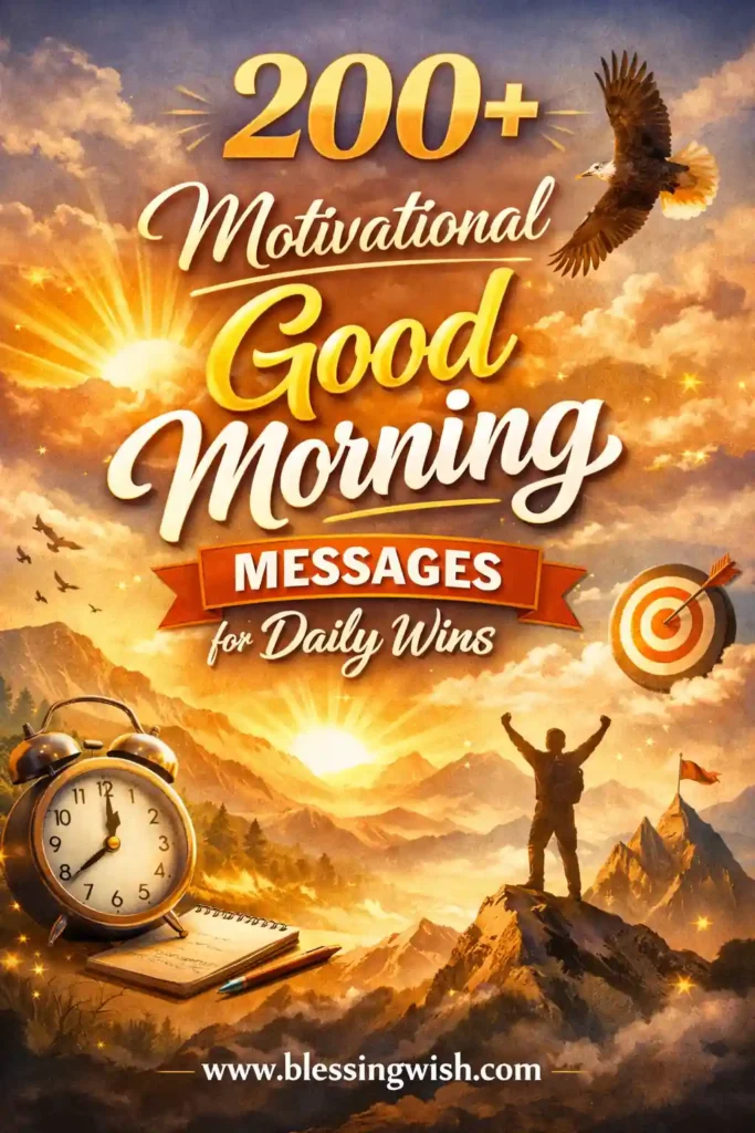 Motivational Good Morning Messages poster with sunrise, mountain climber, eagle, clock and target, inspiring daily success theme, BlessingWish.com.