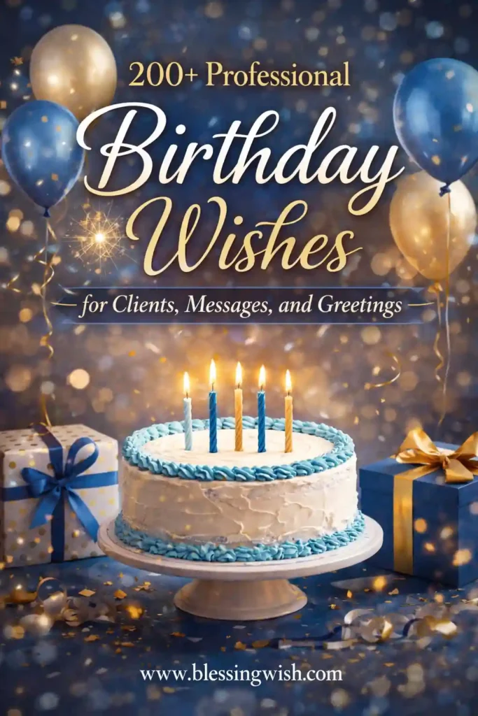 Professional birthday wishes for clients graphic with elegant cake, balloons, gift boxes, confetti, and BlessingWish website branding.