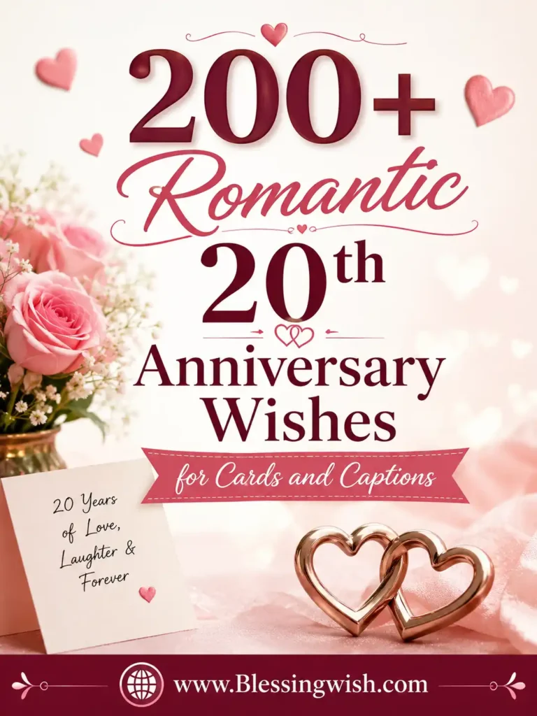 200+ Romantic 20th Anniversary Wishes for Cards and Captions Romantic 20th anniversary wishes card with pink roses, heart rings, elegant typography, and www.BlessingWish.com footer.