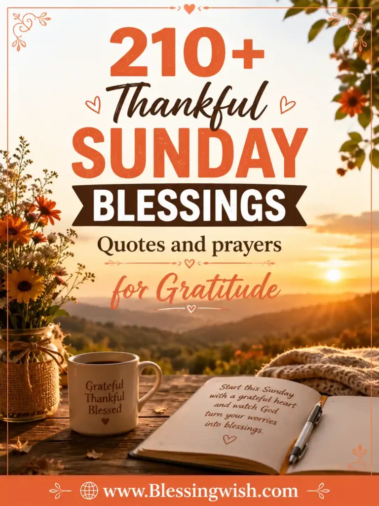 210+ Thankful Sunday Blessings quotes and prayers for gratitude with a cozy sunrise, flowers, coffee mug, journal, and www.Blessingwish.com.