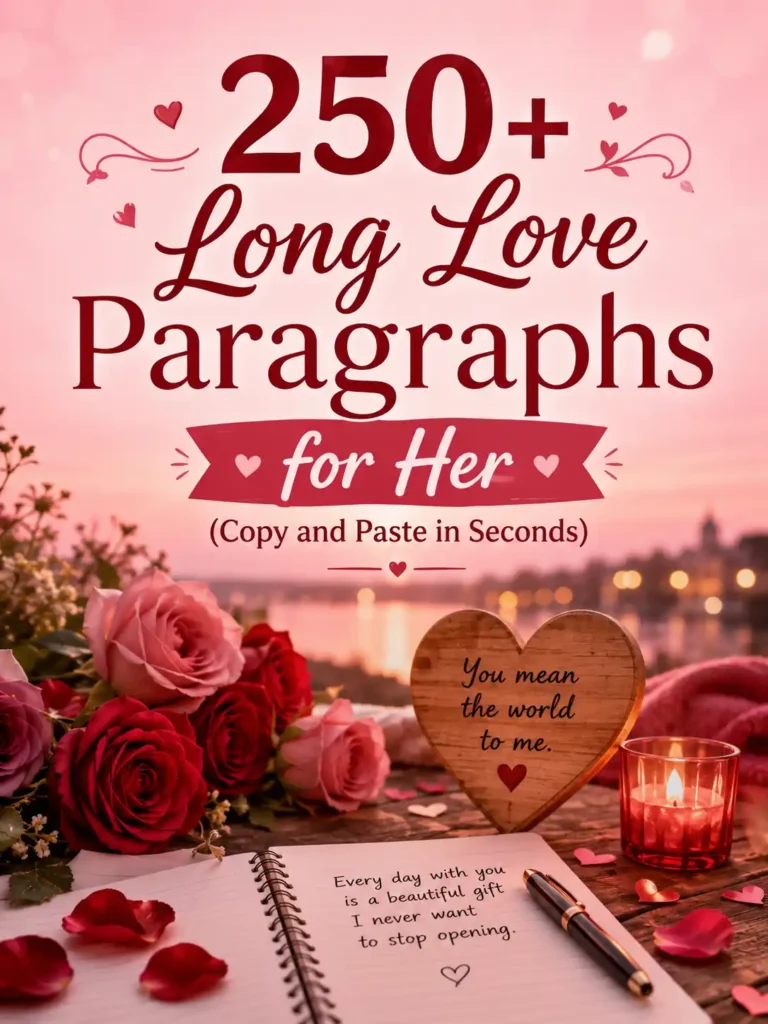 Romantic love paragraphs for her with roses, candlelight, heart decor, and a sunset background in a pink-themed design.
