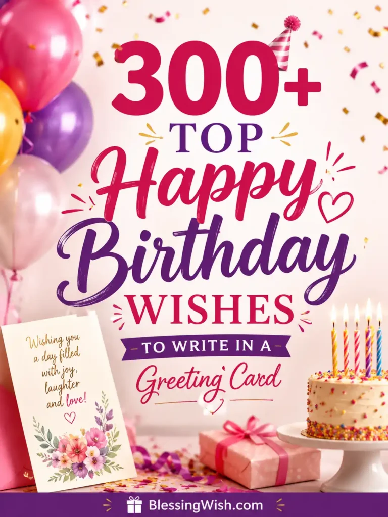 Colorful birthday card design with balloons, cake, gifts, and 300+ happy birthday wishes text on a festive celebration background.