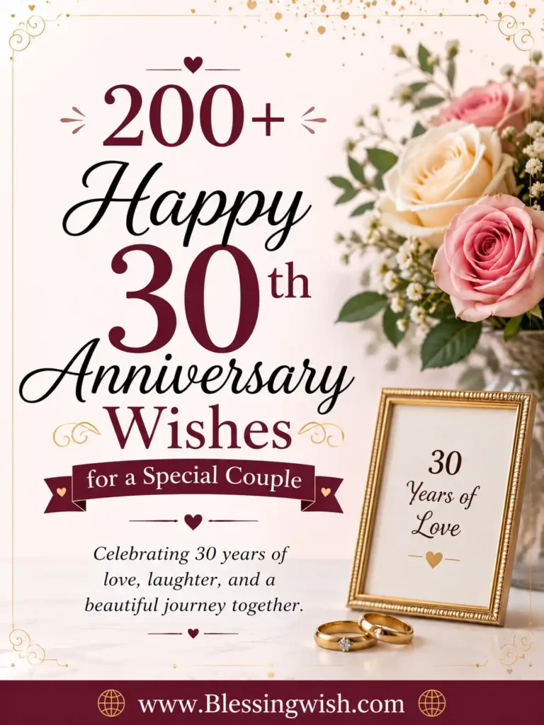 30th anniversary wishes poster with roses, wedding rings, elegant gold accents, and www.BlessingWish.com footer.