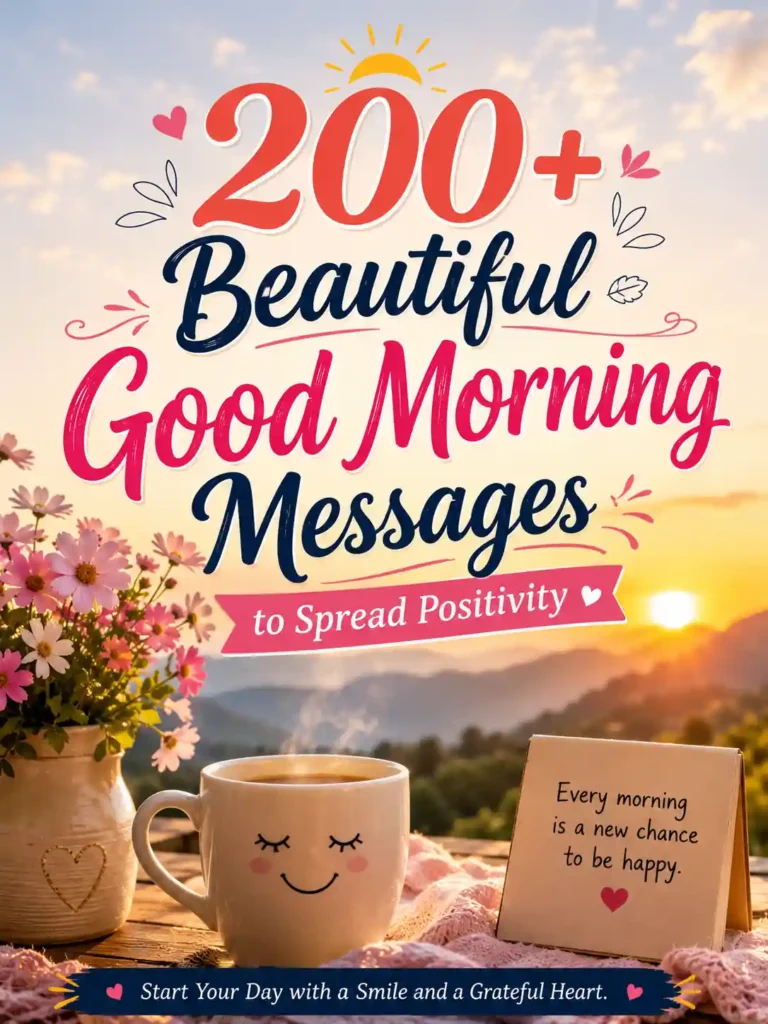 Beautiful good morning messages poster with flowers, smiling coffee cup, sunrise landscape, and uplifting positivity-themed typography.