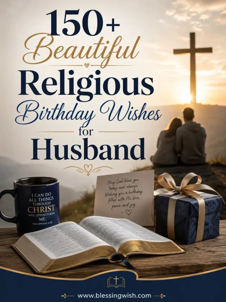 Religious birthday wishes for husband with Bible, gift box, Christian mug, cross at sunrise, and a couple overlooking the landscape.