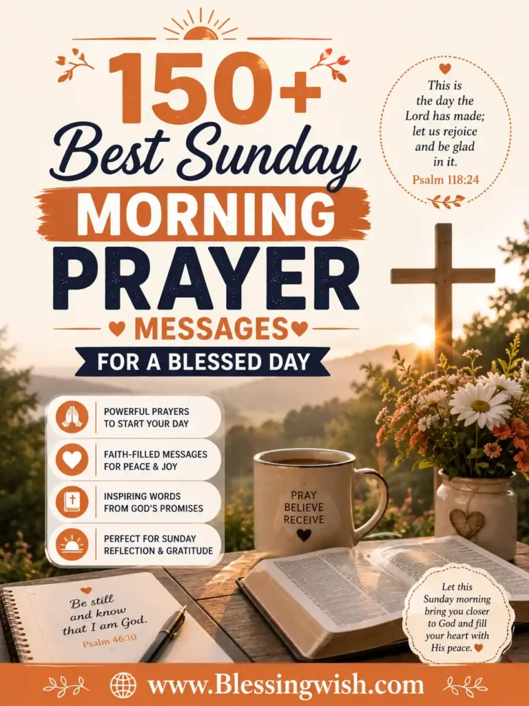 150+ Best Sunday Morning Prayer Messages for a Blessed Day with Bible, coffee mug, cross, sunrise, and www.Blessingwish.com.