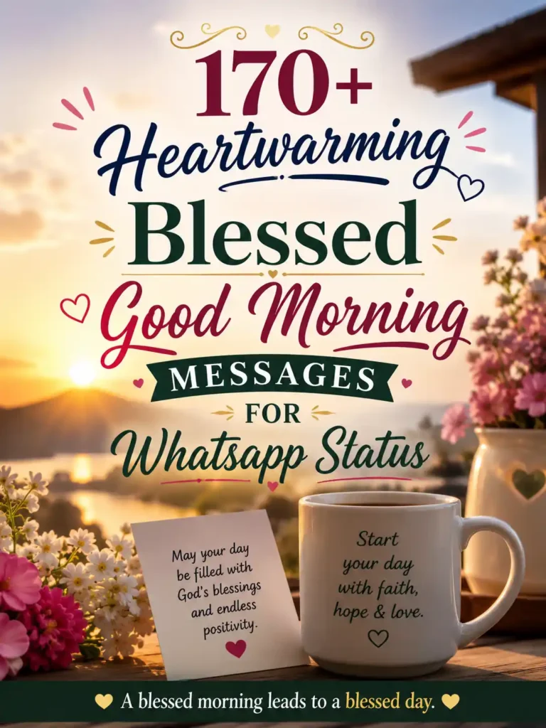 Heartwarming good morning WhatsApp status image with sunrise, flowers, coffee mug, and inspirational blessings message. Blessed Good Morning Messages for Whatsapp Status