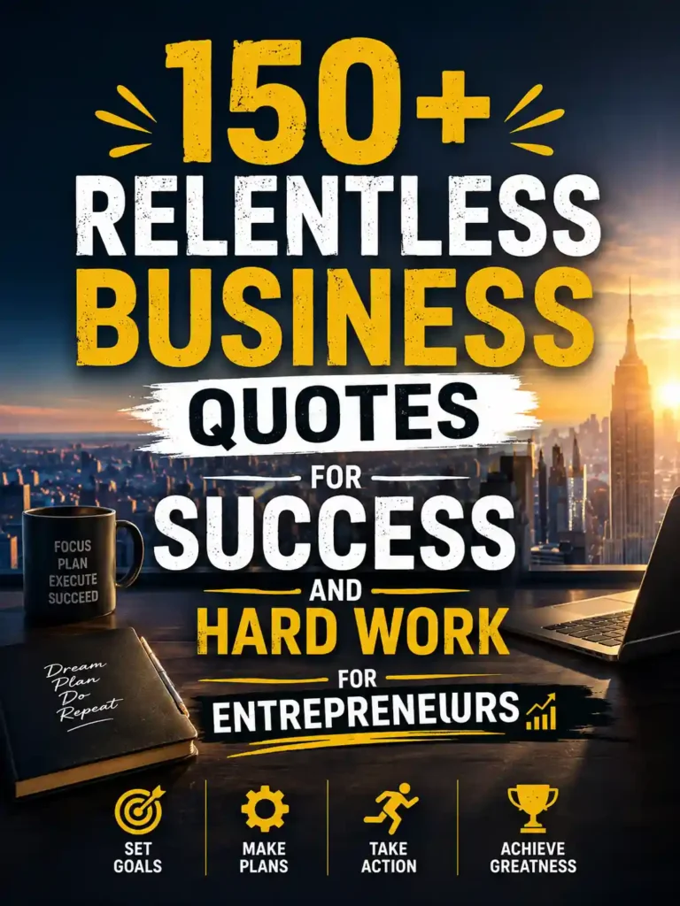 150+ relentless business quotes for success and hard work, featuring entrepreneur workspace, city skyline, laptop, goals, and motivation theme.
