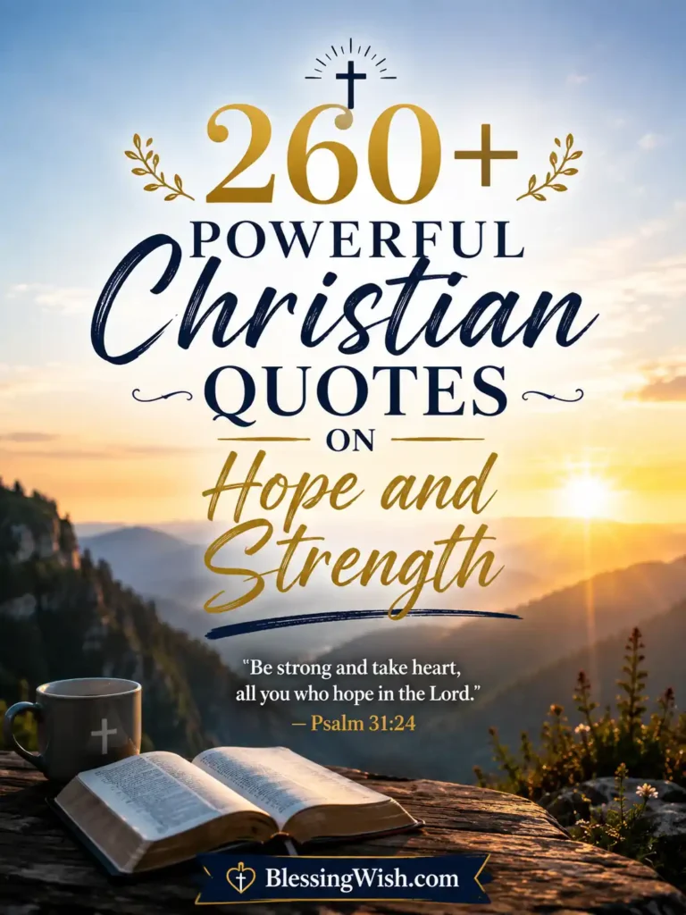 260+ powerful Christian quotes on hope and strength with sunrise mountains, open Bible, and inspiring faith message.