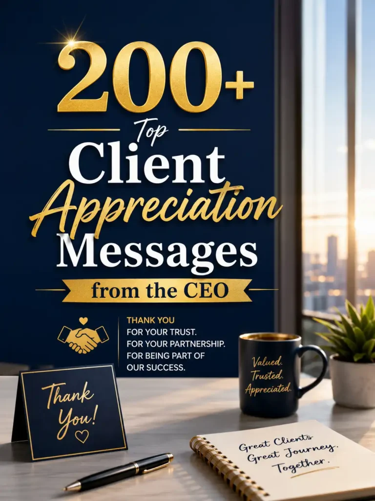 200+ Top Client Appreciation Messages from the CEO cover design featuring a professional office desk, thank-you card, notebook, and elegant corporate theme.