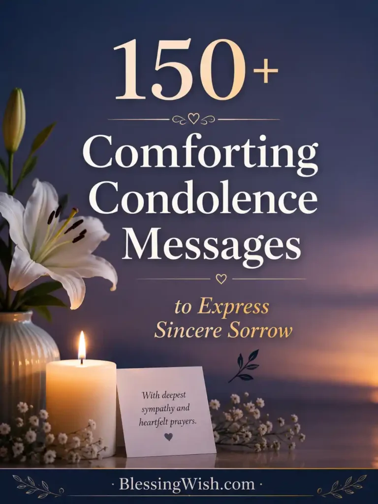 Comforting condolence messages graphic with candlelight, white lilies, sympathy card, and peaceful evening background.