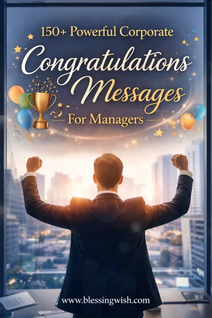 Corporate manager celebrating success in a modern office with trophy, balloons, and congratulatory text, plus BlessingWish.com footer.