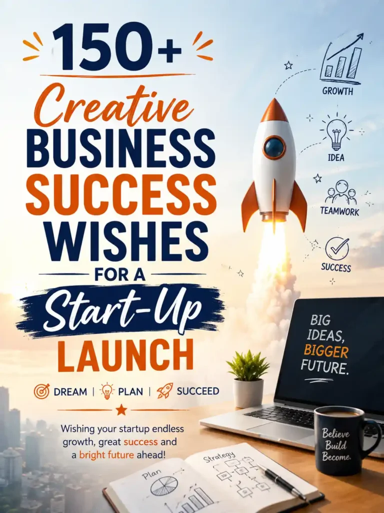 Creative business success wishes for a startup launch featuring rocket, growth icons, workspace desk, laptop, and entrepreneurial inspiration.